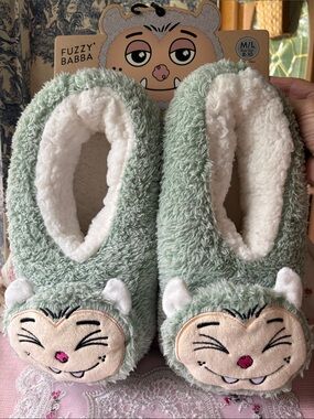 Fuzzy Babba Mint Green Plush Cat Slippers - Cozy Indoor Footwear